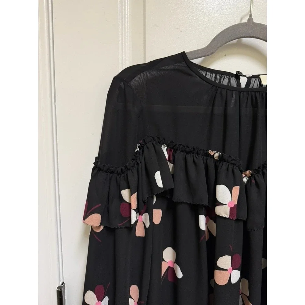 Kate Spade Dusk Buds Ruffle Top Black Floral Blouson Sleeve Sheer Chiffon Blouse